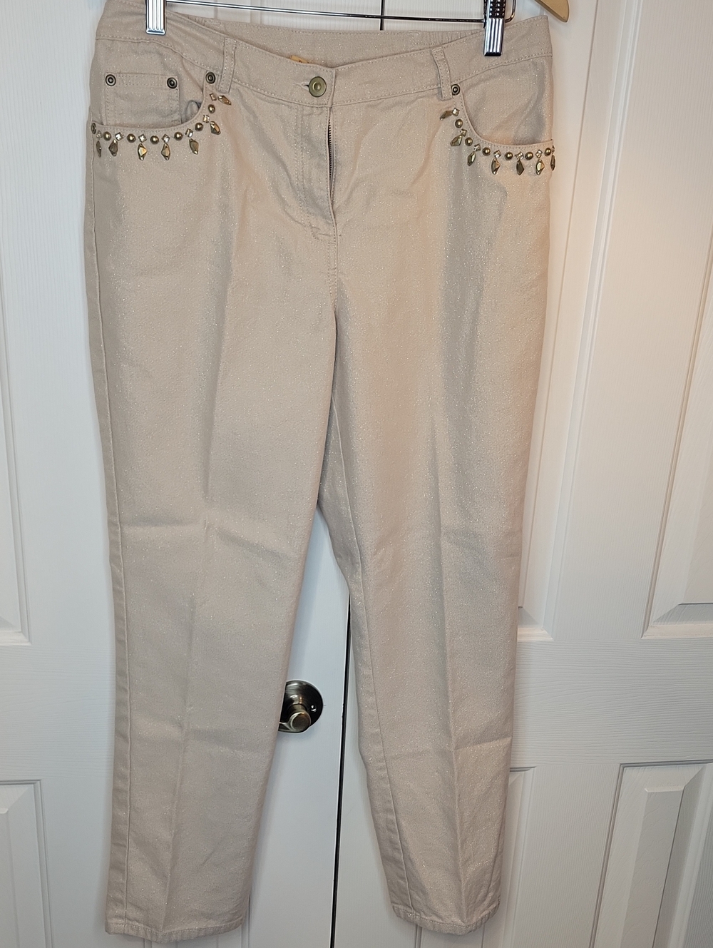 Ruby Rd. Light Beige Cropped Ankle Pants with Stud Trim